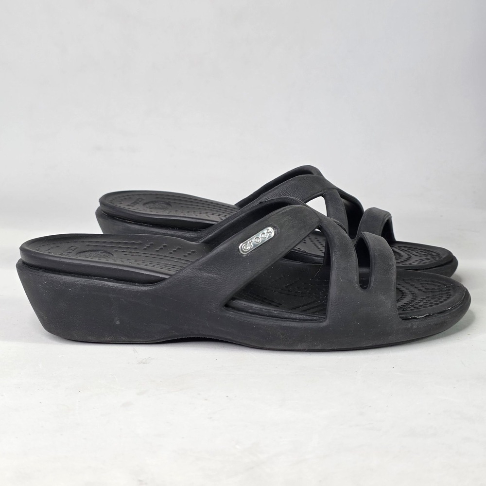 Crocs Patricia Black Wedge Sandals Women's Size 6 Strappy Slide Slip On Shoes